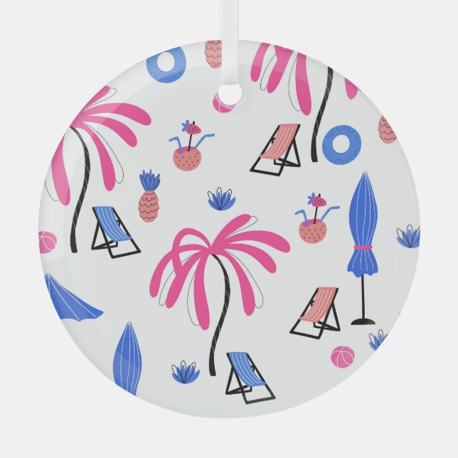 Summer Vacation: Palm Trees Pineapples Pattern Glass Ornament (Front)
