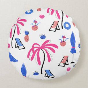 Summer Vacation: Palm Trees Pineapples Pattern Round Pillow