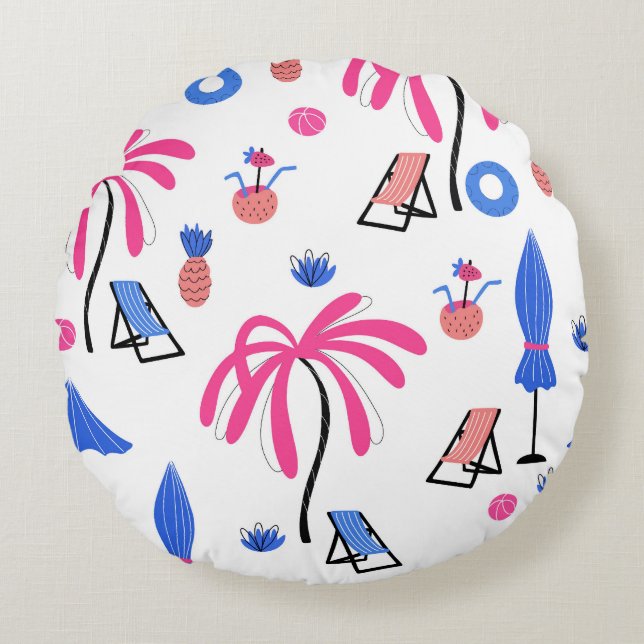 Summer Vacation: Palm Trees Pineapples Pattern Round Pillow (Front)