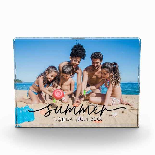 Summer Vacation Script Modern Acrylic Photo Block (Front)