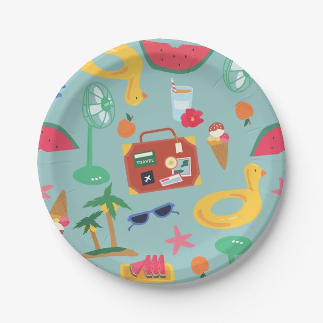 summer vacation travel tropical beach island cute paper plates (Front)