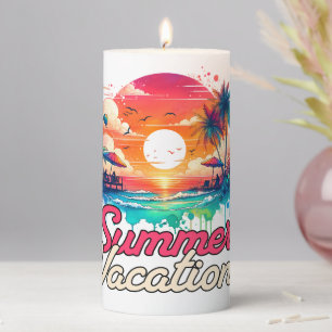 Summer Vacation Tropical Sunset Beach Retro Design Pillar Candle