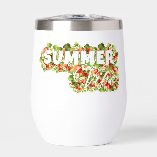 Summer Vibe Floral Design – Strawberry & Blossom Thermal Wine Tumbler (Front)