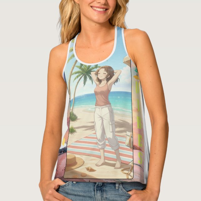 Summer Vibes Anime Beach Scene – Character Art  Tank Top (Front)