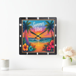 Summer Vibes Beach Surf Square Wall Clock