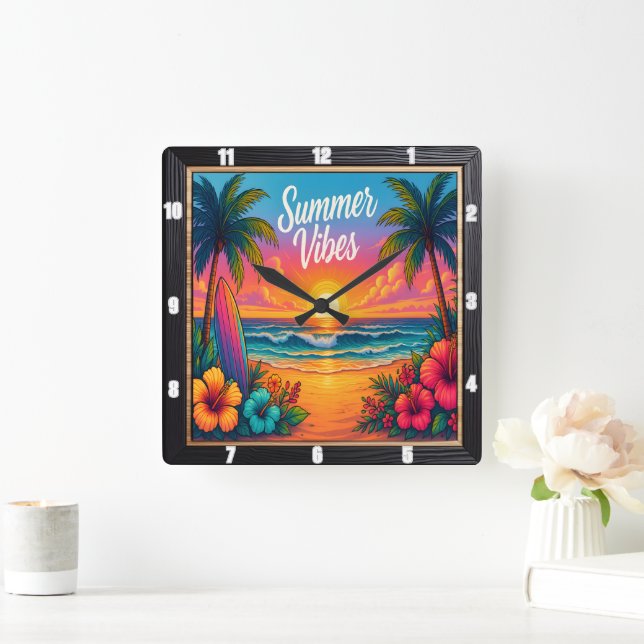Summer Vibes Beach Surf  Square Wall Clock (Home)