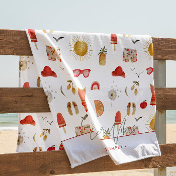 Summer Vibes | Boho Retro Summer Monogram Beach Towel by IYHTVDesigns at Zazzle