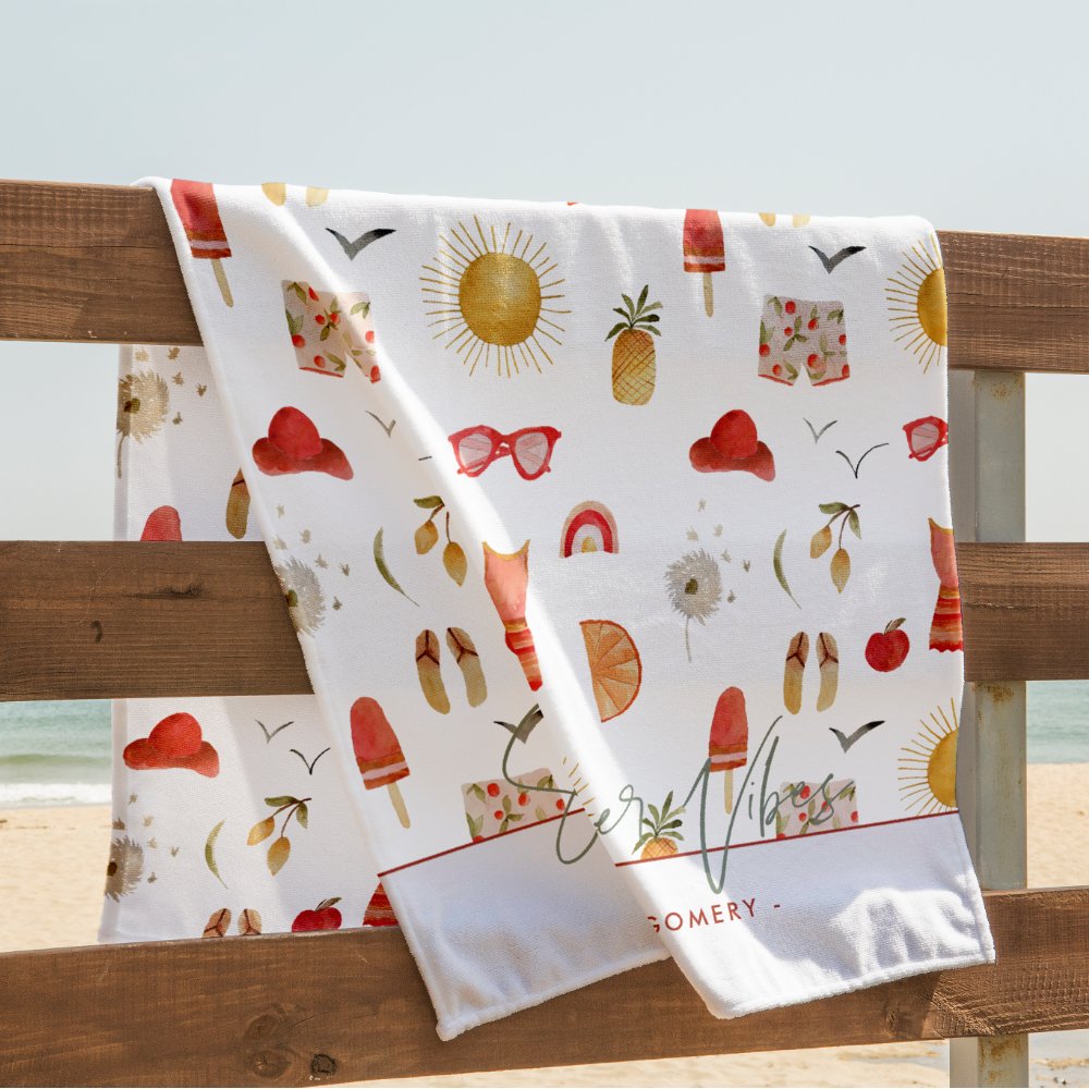 Summer Vibes | Boho Retro Summer Monogram Personalized Beach Towel