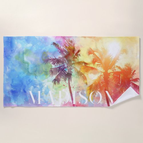 Summer Vibes  Boho Retro Summer Palm Monogram Beach Towel