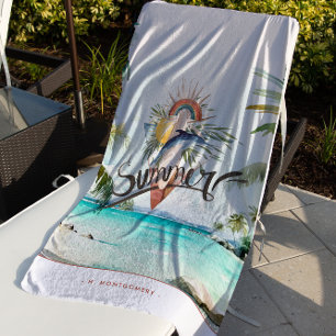 Summer Vibes Boho Retro Summer Surf Monogram Beach Towel