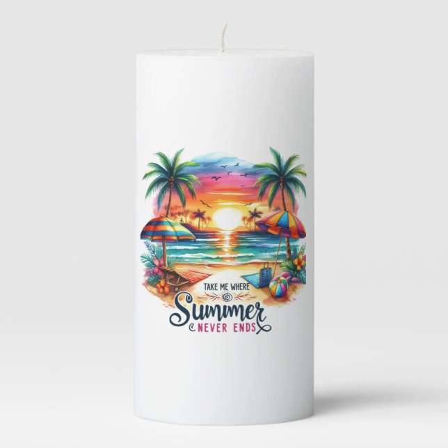 Summer Vibes Brushstroke Beach Sunset-34626 Pillar Candle (Front)