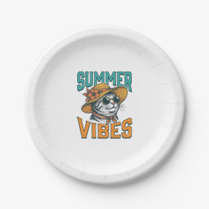 Summer Vibes Cat Vintage Engraving Design_1 Paper Plates