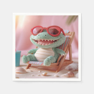 Summer Vibes: Chillin' Plush Crocodile on Vacation Napkins