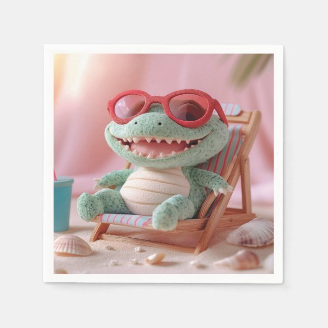 Summer Vibes: Chillin' Plush Crocodile on Vacation Napkins (Front)