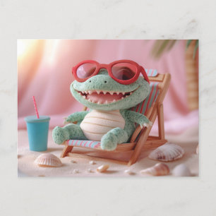 Summer Vibes: Chillin' Plush Crocodile on Vacation Postcard