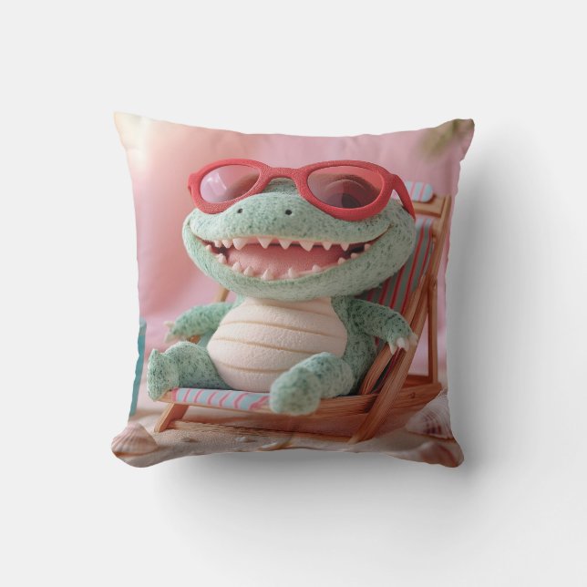 Summer Vibes: Chillin' Plush Crocodile on Vacation Throw Pillow (Front)