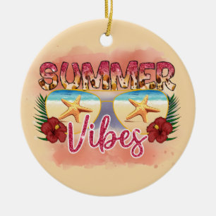 Summer Vibes Coastal Beach Sunglasses Design Ceramic Ornament