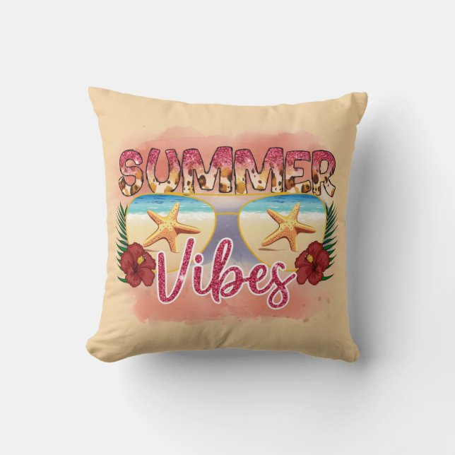 Summer Vibes | Coastal Beach Sunglasses Design Throw Pillow (Front)