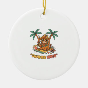 Summer Vibes Cute Highland Cow Beach Vacation Shir Ceramic Ornament