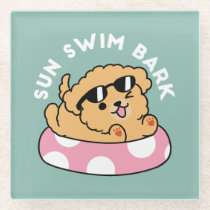 Summer Vibes Dog – Floating Puppy with Sunglasses Glass Coaster