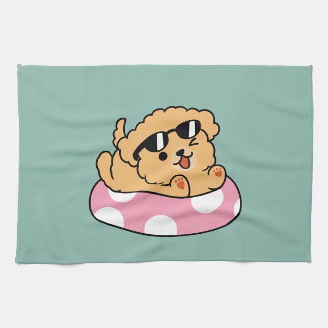 Summer Vibes Dog – Floating Puppy with Sunglasses Kitchen Towel (Horizontal)