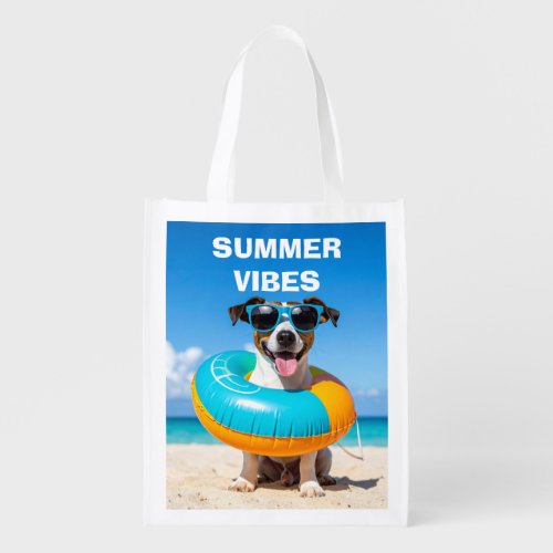 Summer vibes dog on beach grocery bag