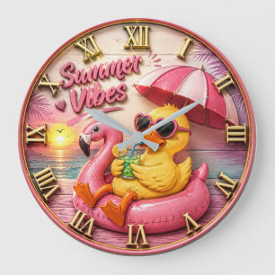 Summer Vibes Duck Cute Flamingo Pool Float Beach Large Clock