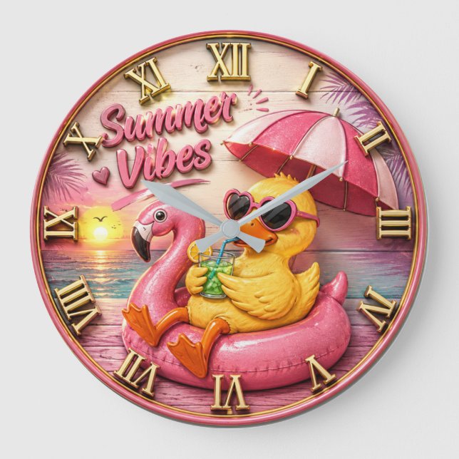 Summer Vibes Duck Cute Flamingo Pool Float Beach Large Clock (Front)