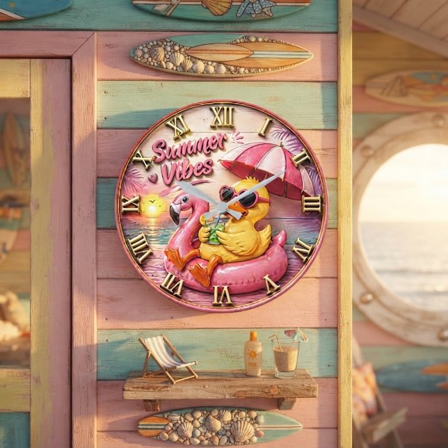 Summer Vibes Duck Cute Flamingo Pool Float Beach Large Clock (Creator Uploaded)