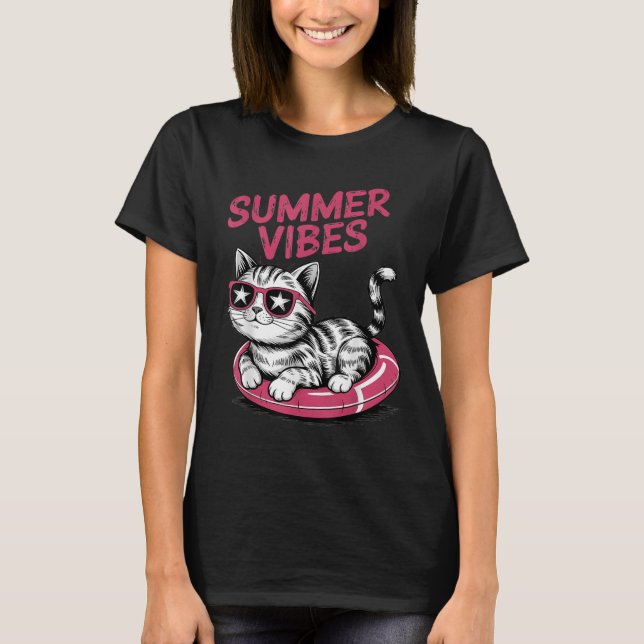 Summer Vibes Funny Cool Cat Pool Float Beach Men W T-Shirt (Front)