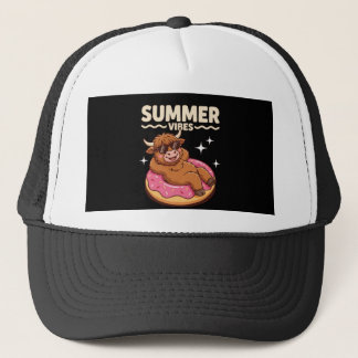 Summer Vibes Highland Cow Floating on Donut Ring Trucker Hat