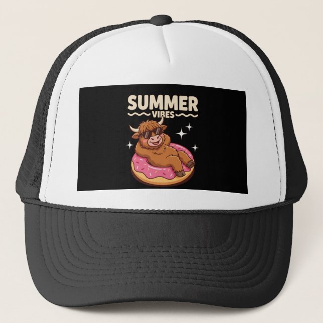 Summer Vibes Highland Cow Floating on Donut Ring Trucker Hat (Front)
