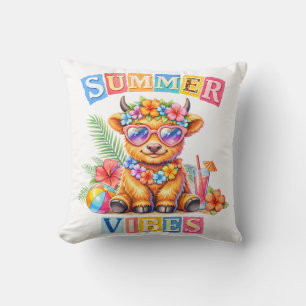 Summer Vibes Highland Cow Tropical Beach Flowers Throw Pillow