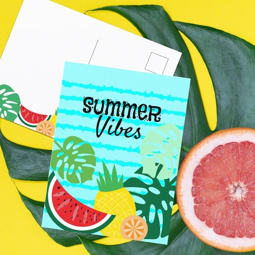 Summer Vibes Monstera Leaves and Tropical Fruits  Postcard