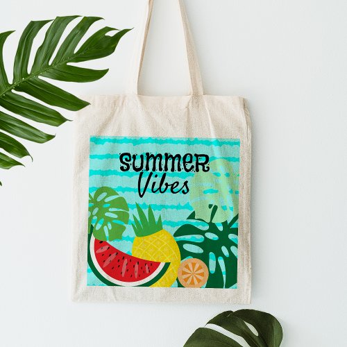 Summer Vibes Monstera Leaves and Tropical Fruits  Tote Bag