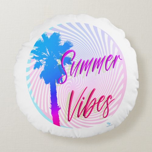 Summer Vibes Neon Palm Tree Beach Lifestyle Round Pillow