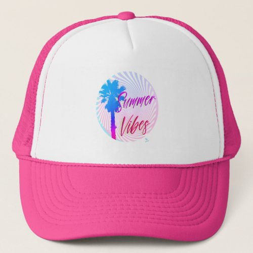 Summer Vibes Neon Palm Tree Hot Motto Trucker Hat