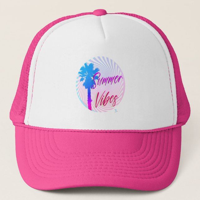 Summer Vibes Neon Palm Tree Hot Motto Trucker Hat (Front)
