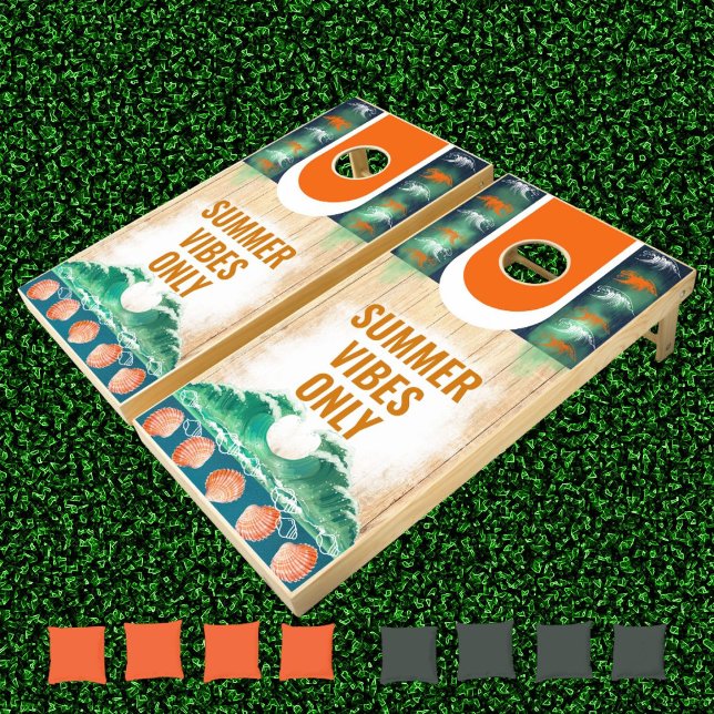 Summer Vibes Ocean Shell Design Wood Grain Beach Cornhole Set (Creator Uploaded)
