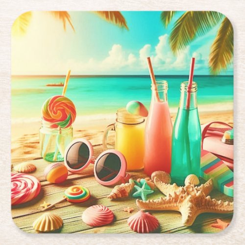 Summer vibes on the beach square paper coaster