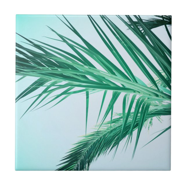 Summer Vibes Palm Tree Leaves Pale Green Ceramic Tile (Front)