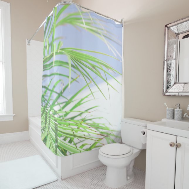 Summer Vibes Palm Tree Leaves Pale Green Pastel Shower Curtain (In Situ)