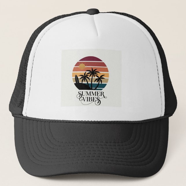 Summer Vibes Palm Tree Sunset T-Shirt Design – Ret Trucker Hat (Front)