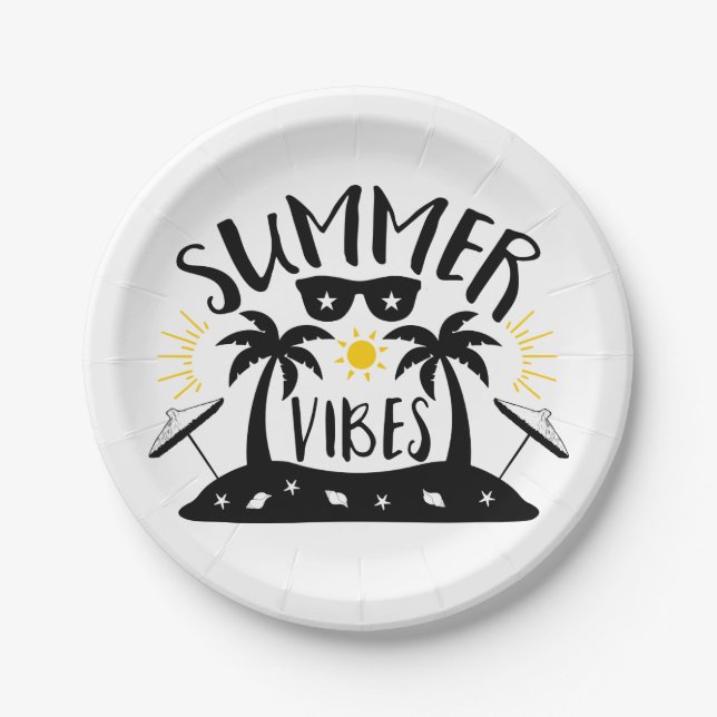 Summer Vibes Palm Trees Beach  Wedding Party Paper Plates (Front)