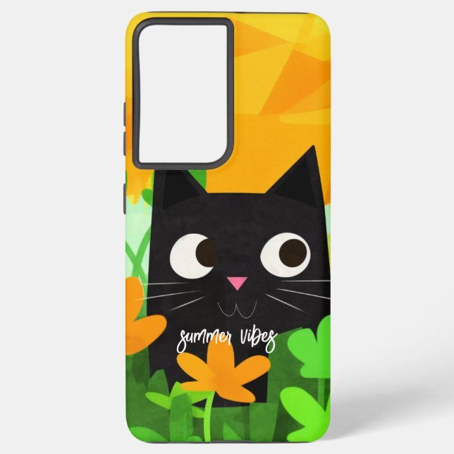Summer Vibes Personalized Floral Black Cat Samsung Galaxy Case (Back)
