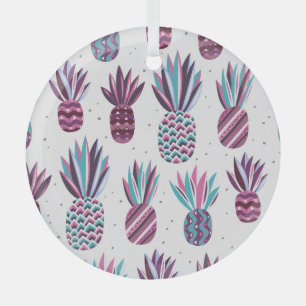 Summer Vibes: Pineapple Pattern, Colorful Dots Glass Ornament