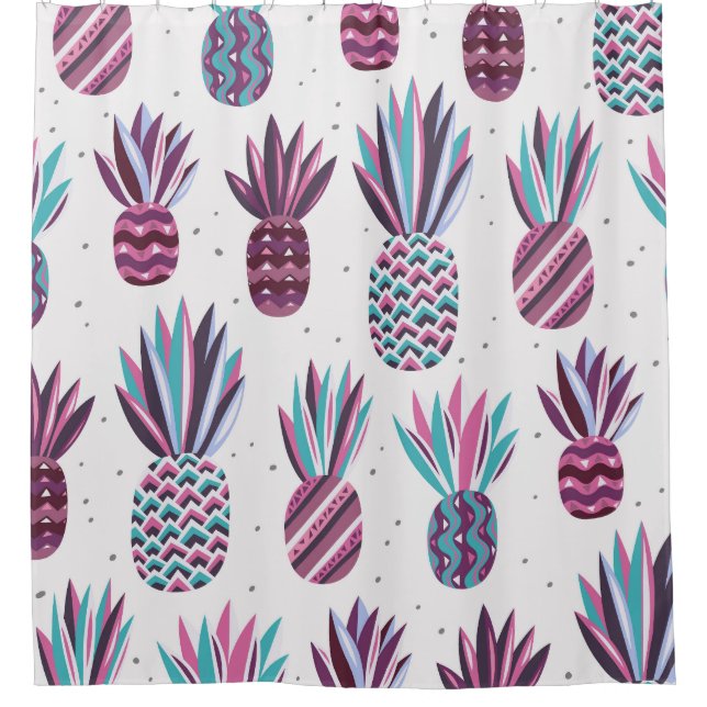 Summer Vibes: Pineapple Pattern, Colorful Dots Shower Curtain (Front)