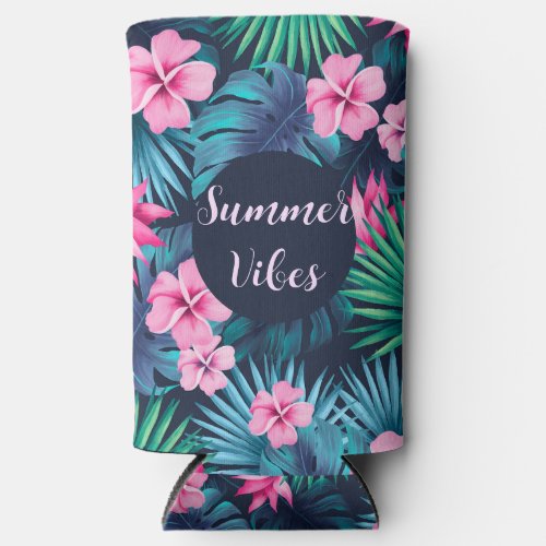  Summer Vibes Pink and Palm Leaf Tropical Floral Seltzer Can Cooler