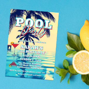 Summer Vibes Pool Party with Palm Trees & Cocktail Invitation