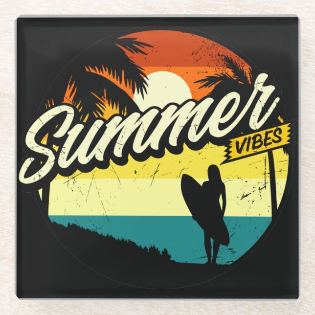 Summer Vibes Retro Silhouette  Glass Coaster (Front)